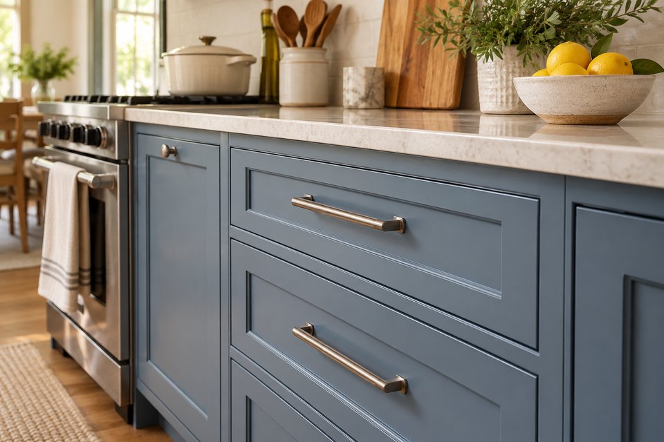 Dusty blue painted kitchen drawers with nickel handles