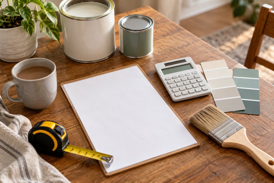 Blank budget papers, calculator and painting supplies on a table