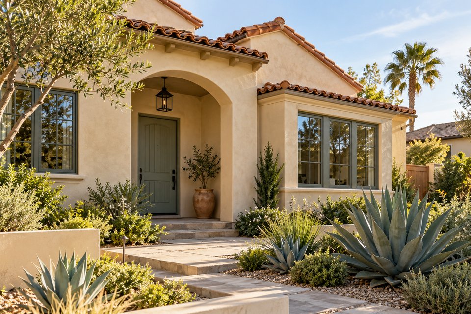 Sand stucco home with a terracotta roof and sage front door