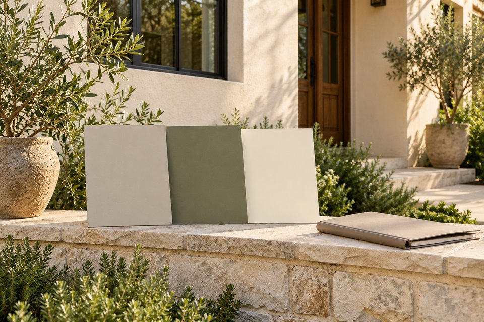 Exterior paint sample boards and a document folder beside stucco