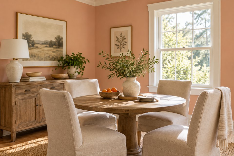 Sunlit dining nook with dusty peach walls and cream trim
