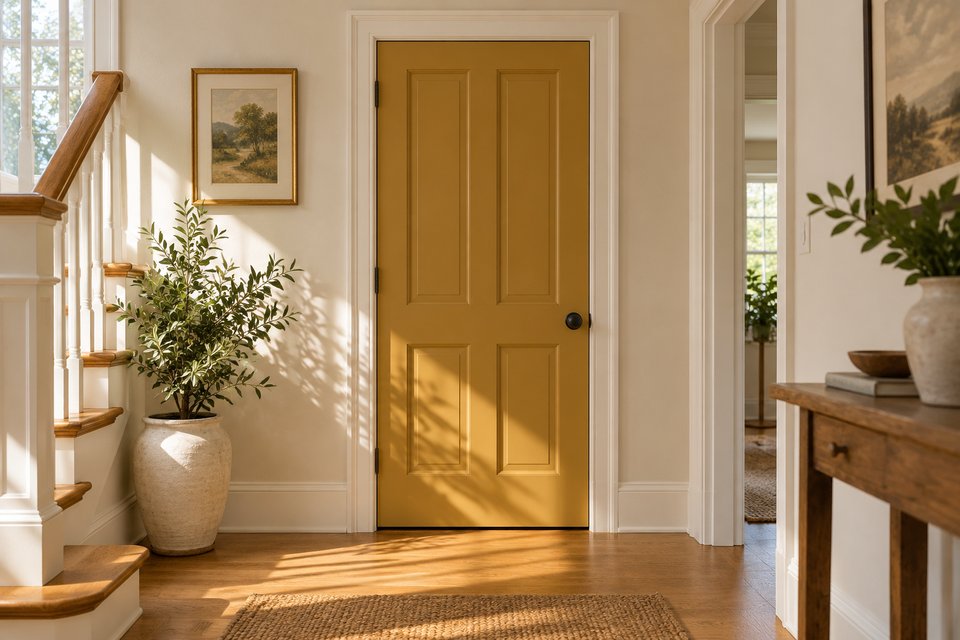 Ochre painted interior door with ivory casing and oak flooring