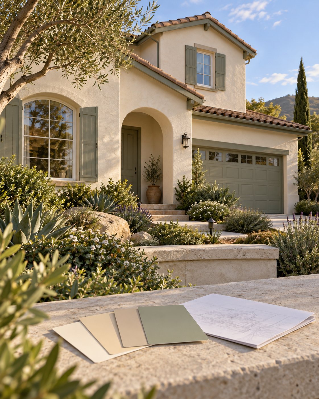 Cream stucco home with sage trim and exterior paint swatches on a stone ledge.