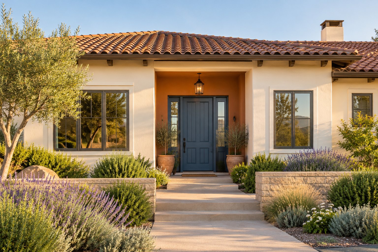 Warm ivory stucco home with a blue front door, terracotta entry and lavender planting