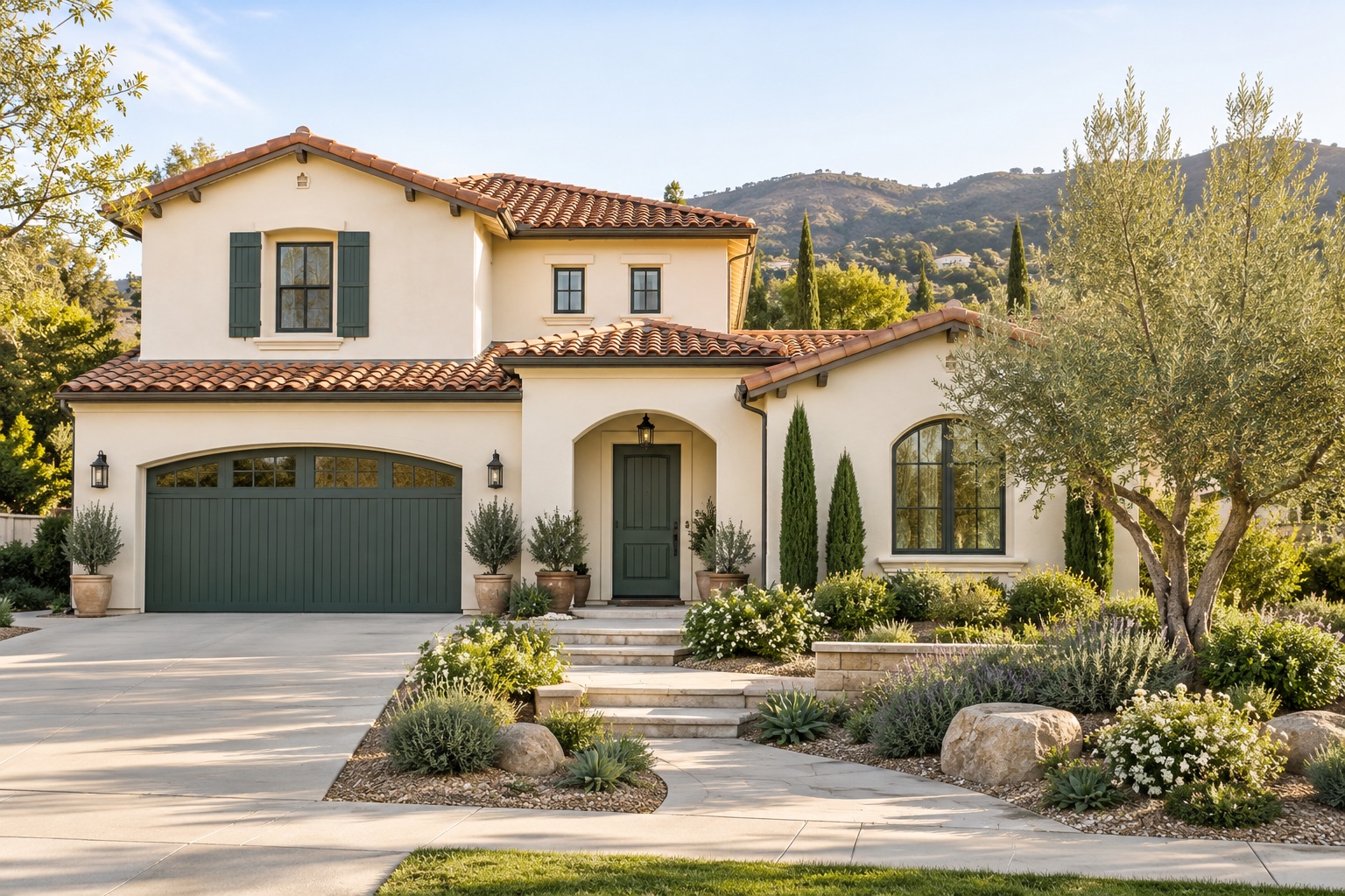 AI-generated inspiration of an ivory stucco home with green doors and a tile roof