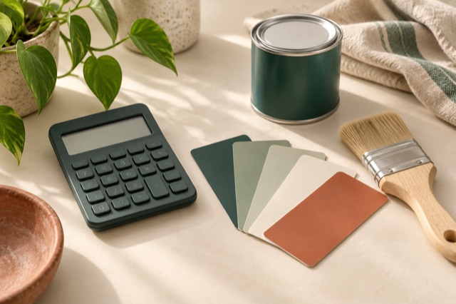 Generated still life of a calculator, paint pot, brush and color chips