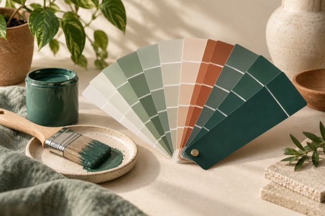 Generated still life of paint color swatches and a brush