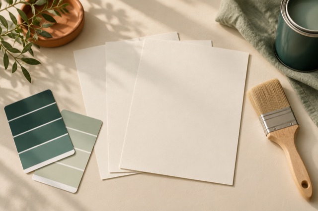 Generated still life of blank estimate sheets, color cards and a brush