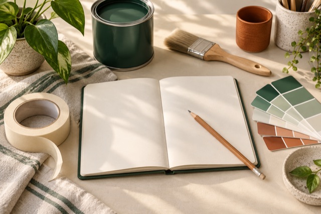 Generated still life of a blank project notebook, pencil and painting supplies