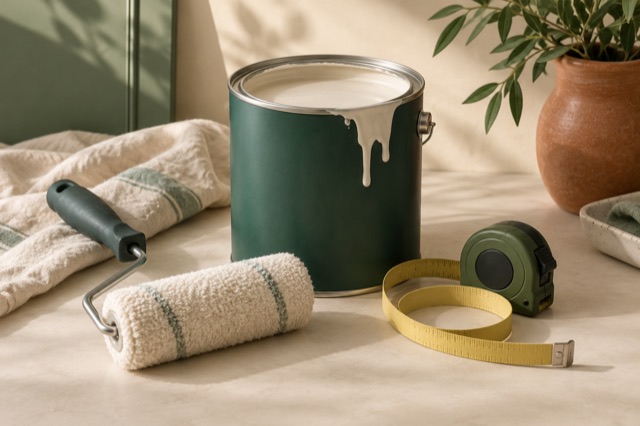 Generated still life of a paint can, roller and measuring tape