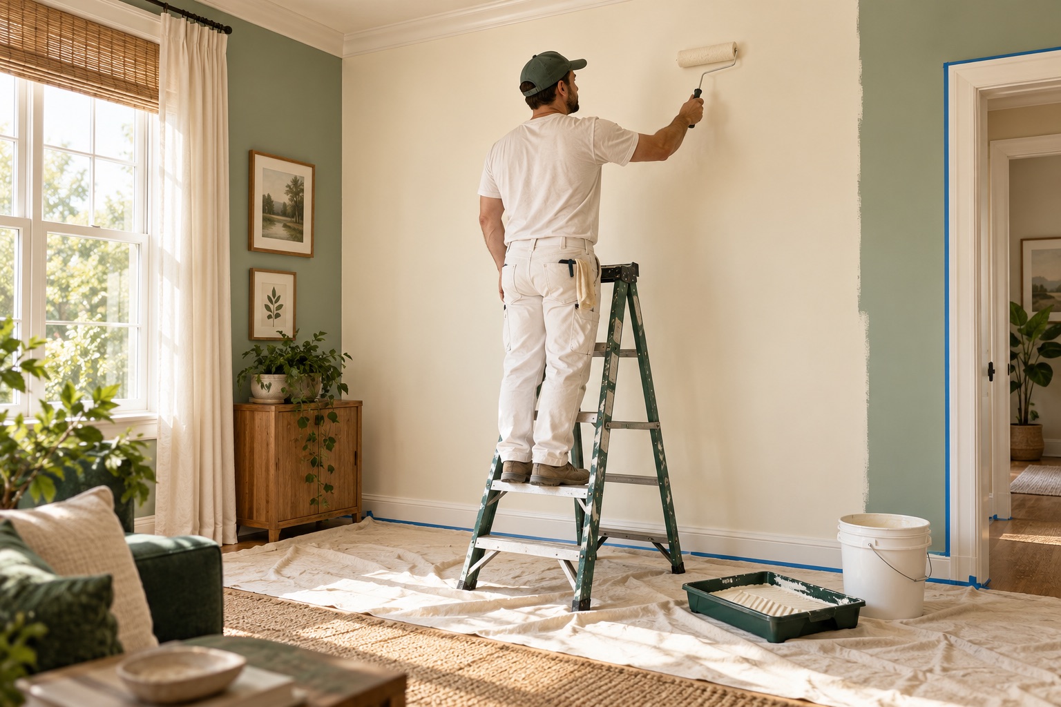AI-generated scene of a painter on a stepladder rolling paint onto an interior wall